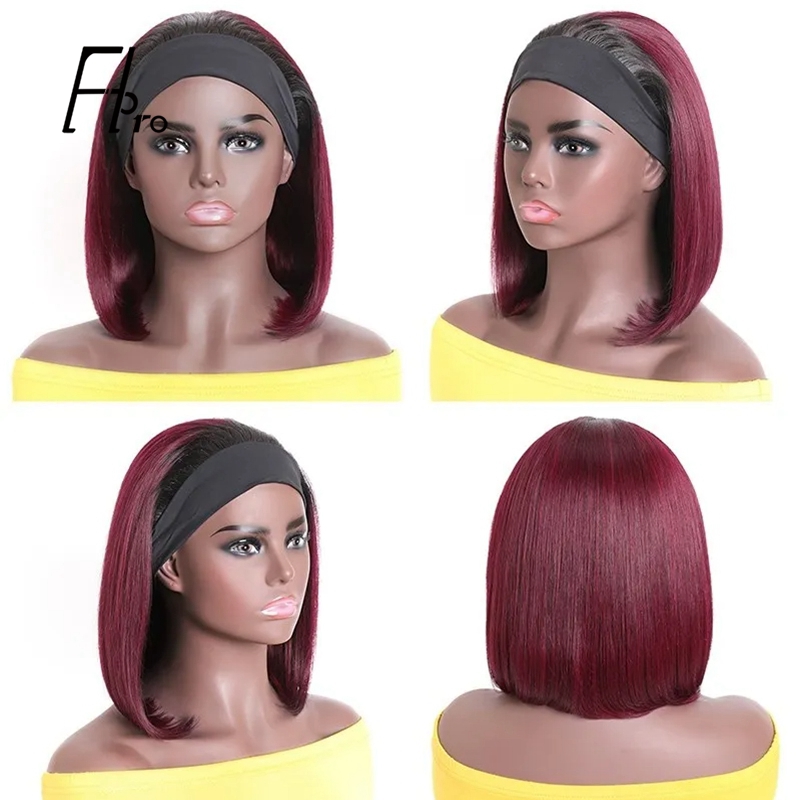 Headband Wig Straight Short Bob Wig Human Hair Glueless Wigs 1B-99J Wigs